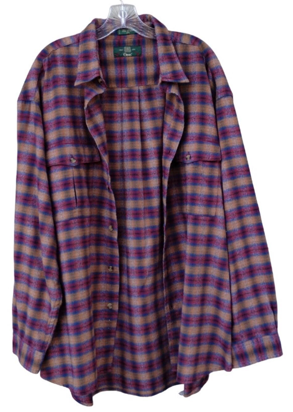 Vtg. ORVIS Men's Flannel Plaid 100% Cotton Shirt Size XXL Tan/Red/Blue